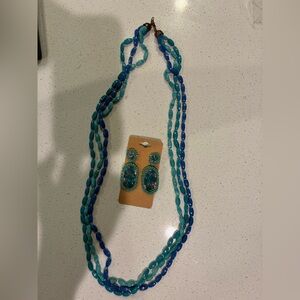 Blue and Turquoise Beaded Necklace and Earring Set